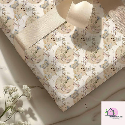 Boho Butterfly Wrapping Paper: Beige Wildflower Gift Wrap