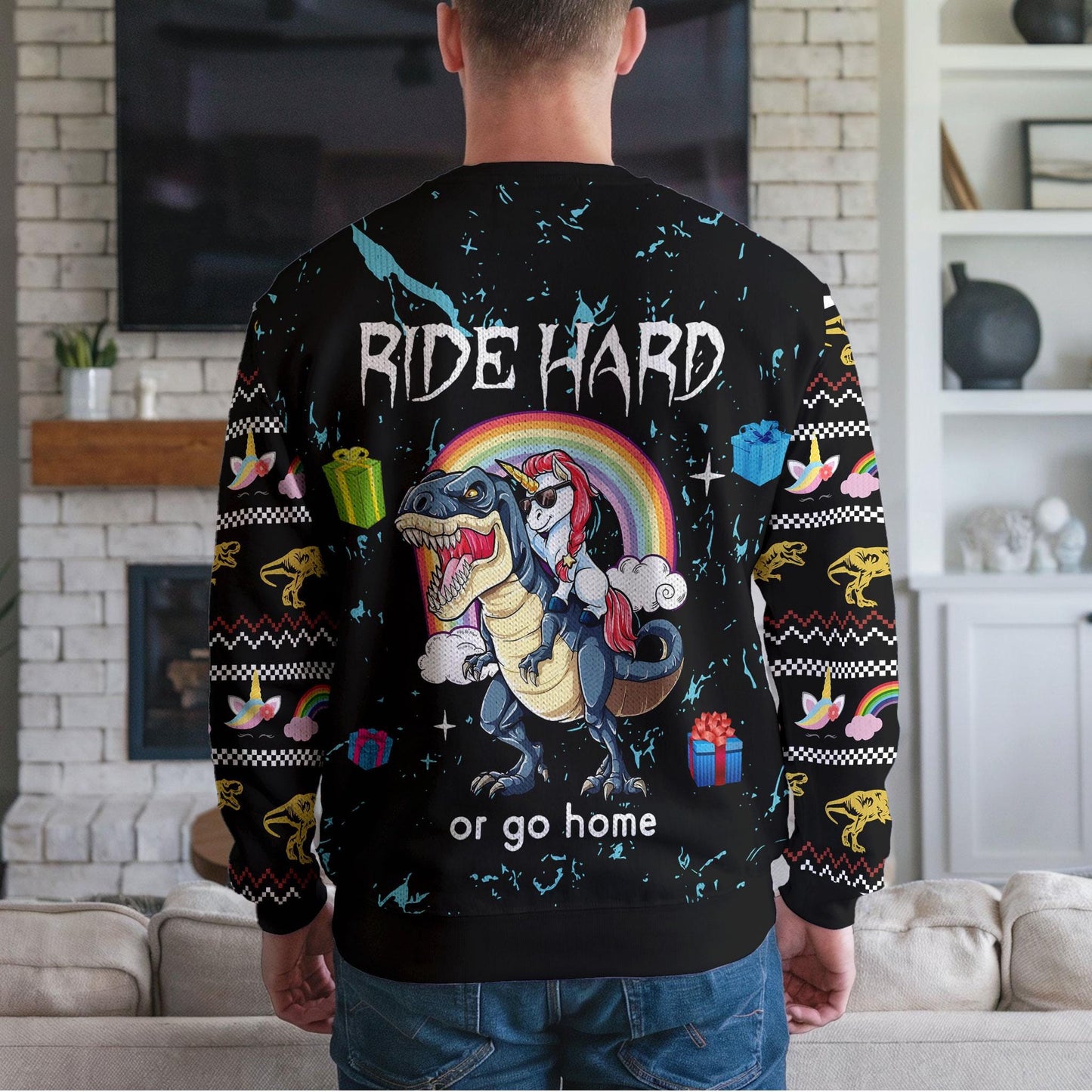 Funny Dinosaur Unicorn Ride Hard 3D Printed Mens Ugly Christmas Sweater Winter Unisex Casual Knit Sweater, Winter Holiday Knit Sweater