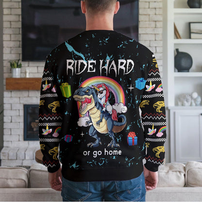 Funny Dinosaur Unicorn Ride Hard 3D Printed Mens Ugly Christmas Sweater Winter Unisex Casual Knit Sweater, Winter Holiday Knit Sweater