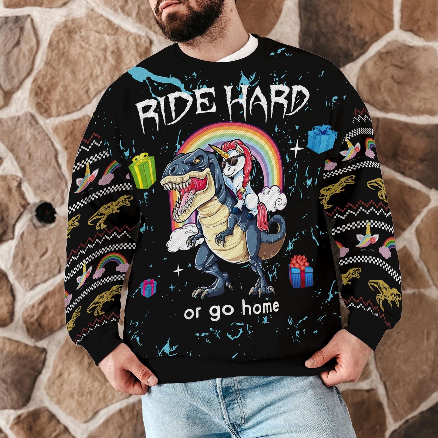 Funny Dinosaur Unicorn Ride Hard 3D Printed Mens Ugly Christmas Sweater Winter Unisex Casual Knit Sweater, Winter Holiday Knit Sweater