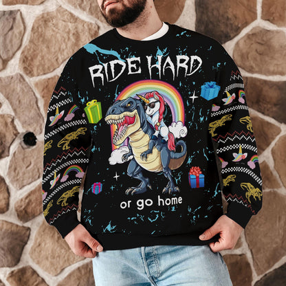 Funny Dinosaur Unicorn Ride Hard 3D Printed Mens Ugly Christmas Sweater Winter Unisex Casual Knit Sweater, Winter Holiday Knit Sweater
