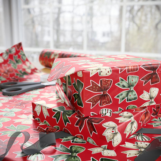 Red Christmas Bow Wrapping Paper | Festive Holiday Gift Wrap | Green & White Ribbon Design | Elegant Xmas Packaging | Holiday Decor
