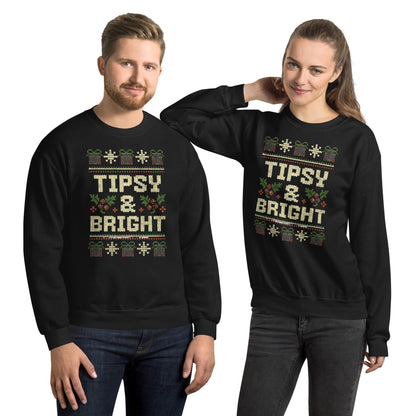 Tipsy and Bright Christmas Jumper | Funny Ugly Xmas | Holiday Drinking Sweatshirt Hoodie | Unisex Festive Party Outfit
