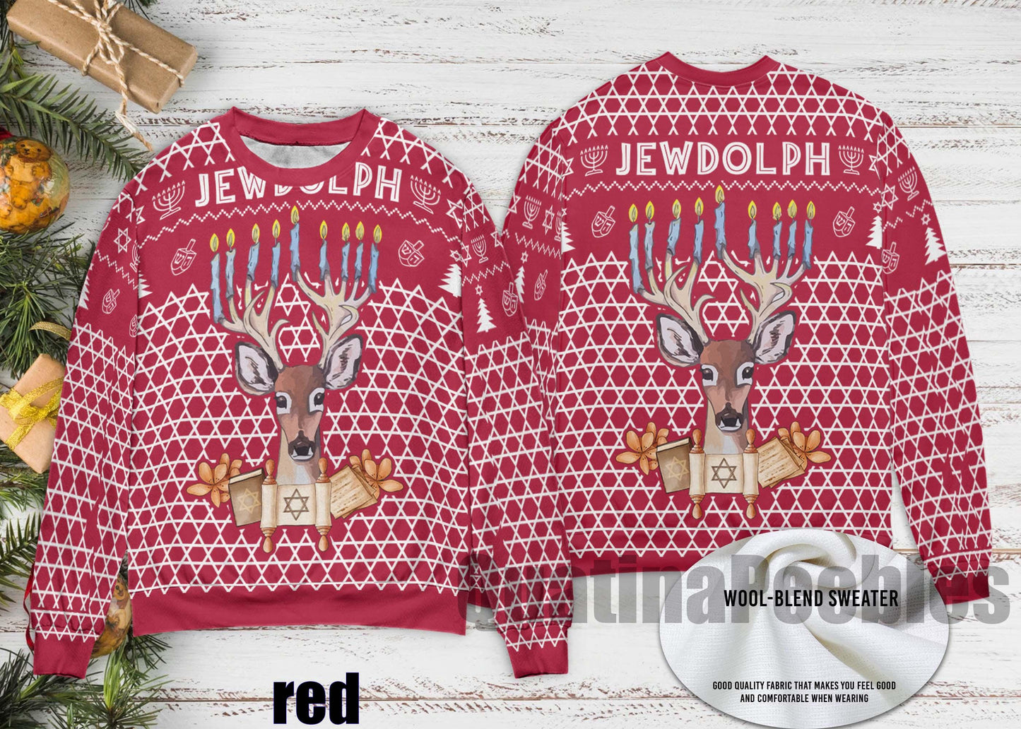 Jewdolph Hanukkah Ugly Sweater, Funny Jewish Christmas Sweater, Chrismukkah Holiday Reindeer Sweater, Ugly Christmas Sweater