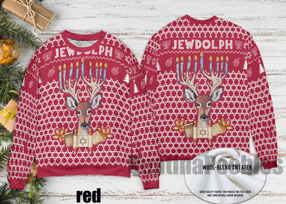 Jewdolph Hanukkah Ugly Sweater, Funny Jewish Christmas Sweater, Chrismukkah Holiday Reindeer Sweater, Ugly Christmas Sweater