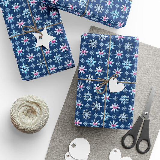 Blue Snowflake Pink Bows Wrapping Paper, Winter Holiday Gift Wrap, Christmas Present Wrap, Seasonal Party Packaging Paper Sheets