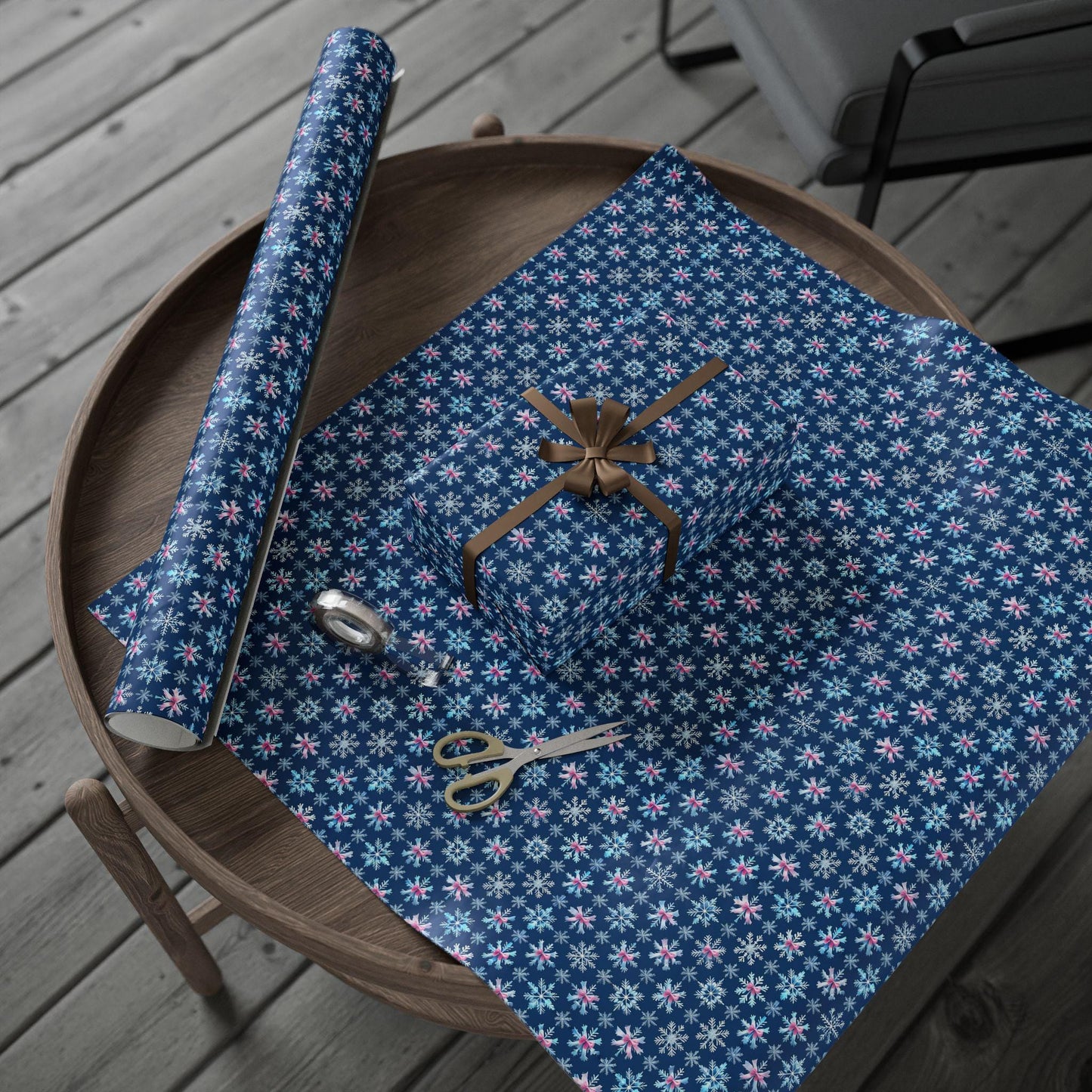 Blue Snowflake Pink Bows Wrapping Paper, Winter Holiday Gift Wrap, Christmas Present Wrap, Seasonal Party Packaging Paper Sheets