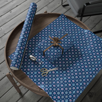 Blue Snowflake Pink Bows Wrapping Paper, Winter Holiday Gift Wrap, Christmas Present Wrap, Seasonal Party Packaging Paper Sheets