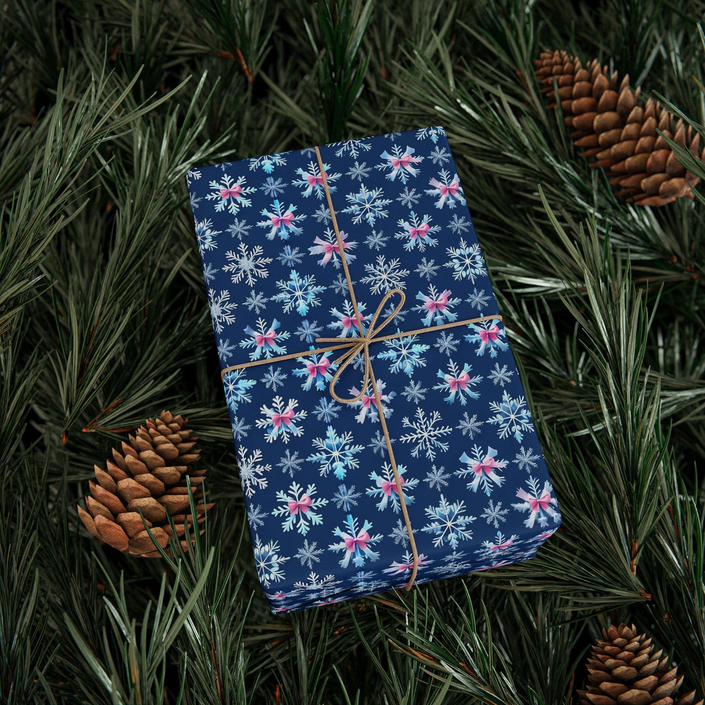 Blue Snowflake Pink Bows Wrapping Paper, Winter Holiday Gift Wrap, Christmas Present Wrap, Seasonal Party Packaging Paper Sheets