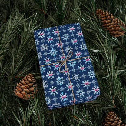 Blue Snowflake Pink Bows Wrapping Paper, Winter Holiday Gift Wrap, Christmas Present Wrap, Seasonal Party Packaging Paper Sheets