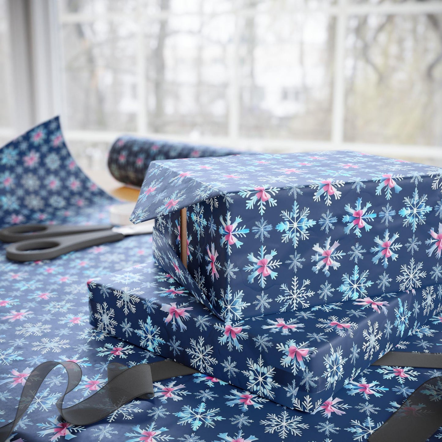 Blue Snowflake Pink Bows Wrapping Paper, Winter Holiday Gift Wrap, Christmas Present Wrap, Seasonal Party Packaging Paper Sheets