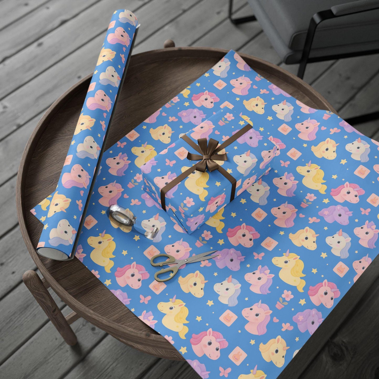 Cute Unicorn Wrapping Paper for Kids Birthday, Gift Wrap Roll, Rainbow Horse Party Supplies, Baby Shower Present Wrap, Blue Pastel