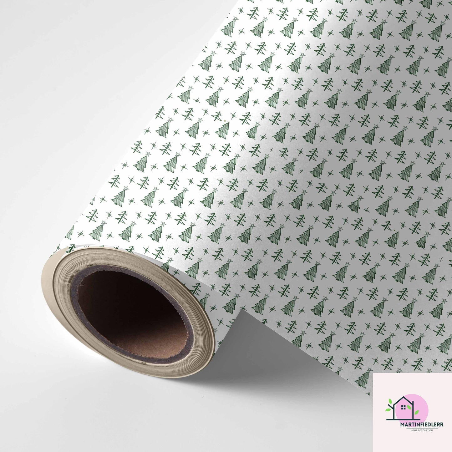 Minimal Christmas Tree Wrapping Paper, White Green Holiday Gift Wrap Sheets, Rustic Winter Forest Packaging, Simple Festive Modern Style