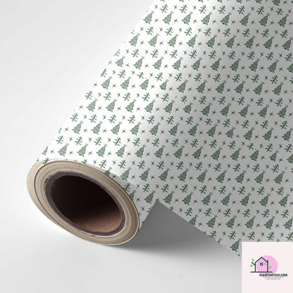 Minimal Christmas Tree Wrapping Paper, White Green Holiday Gift Wrap Sheets, Rustic Winter Forest Packaging, Simple Festive Modern Style