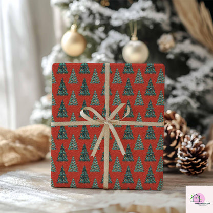 Red Christmas Tree Wrapping Paper, Holiday Gift Wrap Sheets, Festive Green Pine Forest Packaging, Traditional Winter Seasonal Style