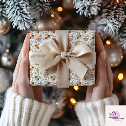 Christmas Ornament Wrapping Paper, Golden Bell Holiday Gift Wrap Sheets, Candy Cane Star Packaging, Festive Pink Red Green Style