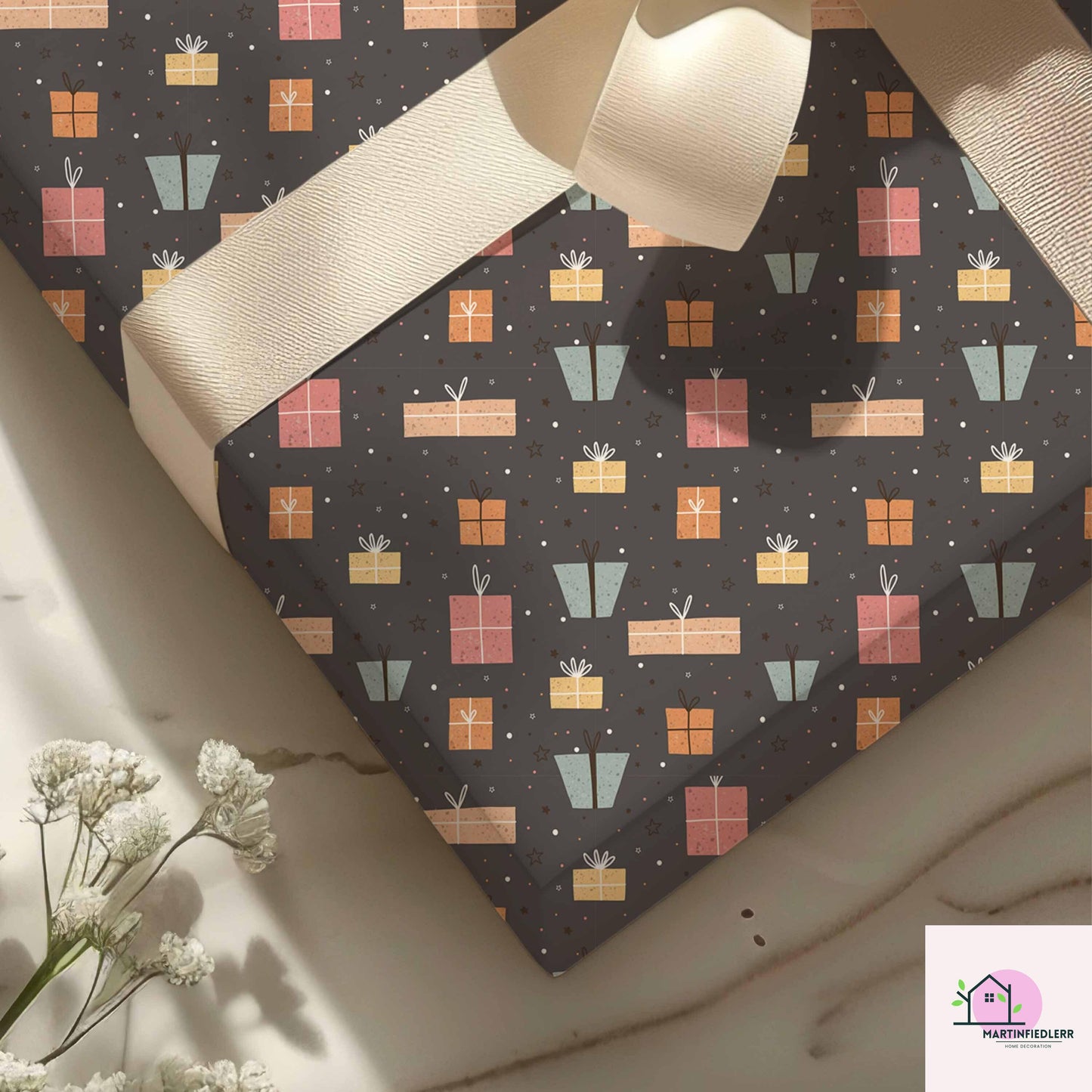 Christmas Gift Wrapping Paper: Pastel Boxes on Charcoal, Festive Holiday Style