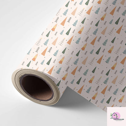 Scandinavian Christmas Tree Wrapping Paper, Minimal Holiday Gift Wrap Sheets, Modern Rustic Winter Packaging, Festive Colorful Style