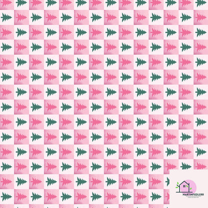 Pink Christmas Tree Wrapping Paper, Modern Holiday Gift Wrap Sheets, Festive Green Pine Pattern Packaging, Playful Winter Party Style