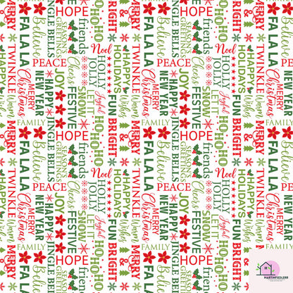 Christmas Typography Wrapping Paper, Holiday Word Art Gift Wrap Sheets, Red Green Lettering Packaging, Festive Modern Winter Party Style