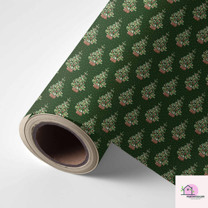Green Christmas Wrapping Paper: Vintage Tree in Basket Design