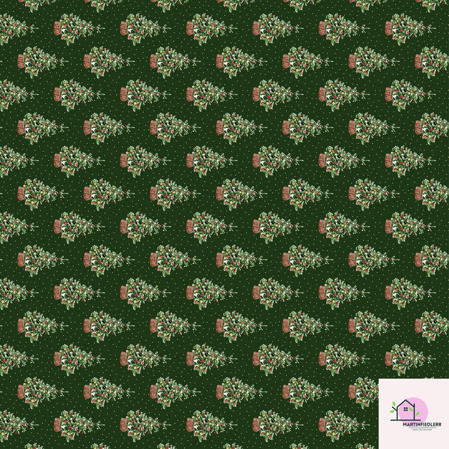 Green Christmas Wrapping Paper: Vintage Tree in Basket Design
