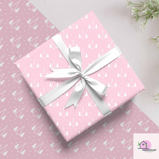 Pink Christmas Wrapping Paper, White Snowy Tree Holiday Gift Wrap Sheets, Cute Pastel Xmas Packaging for Winter Party, Festive Gift Wrap