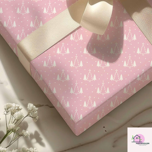 Pink Christmas Wrapping Paper, White Snowy Tree Holiday Gift Wrap Sheets, Cute Pastel Xmas Packaging for Winter Party, Festive Gift Wrap