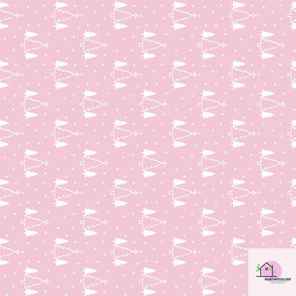 Pink Christmas Wrapping Paper, White Snowy Tree Holiday Gift Wrap Sheets, Cute Pastel Xmas Packaging for Winter Party, Festive Gift Wrap