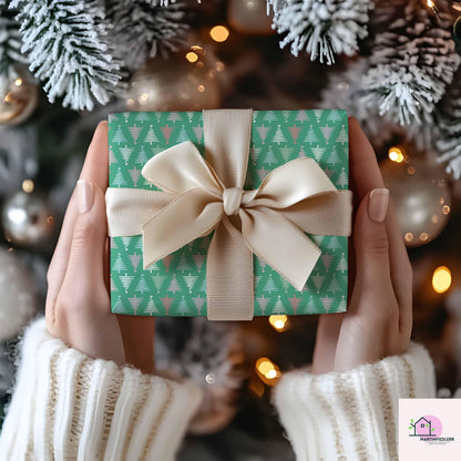 Geometric Christmas Wrapping Paper, Green Tree Holiday Gift Wrap Sheets, Modern Festive Xmas Packaging for Winter Party, Colorful Gift Wrap