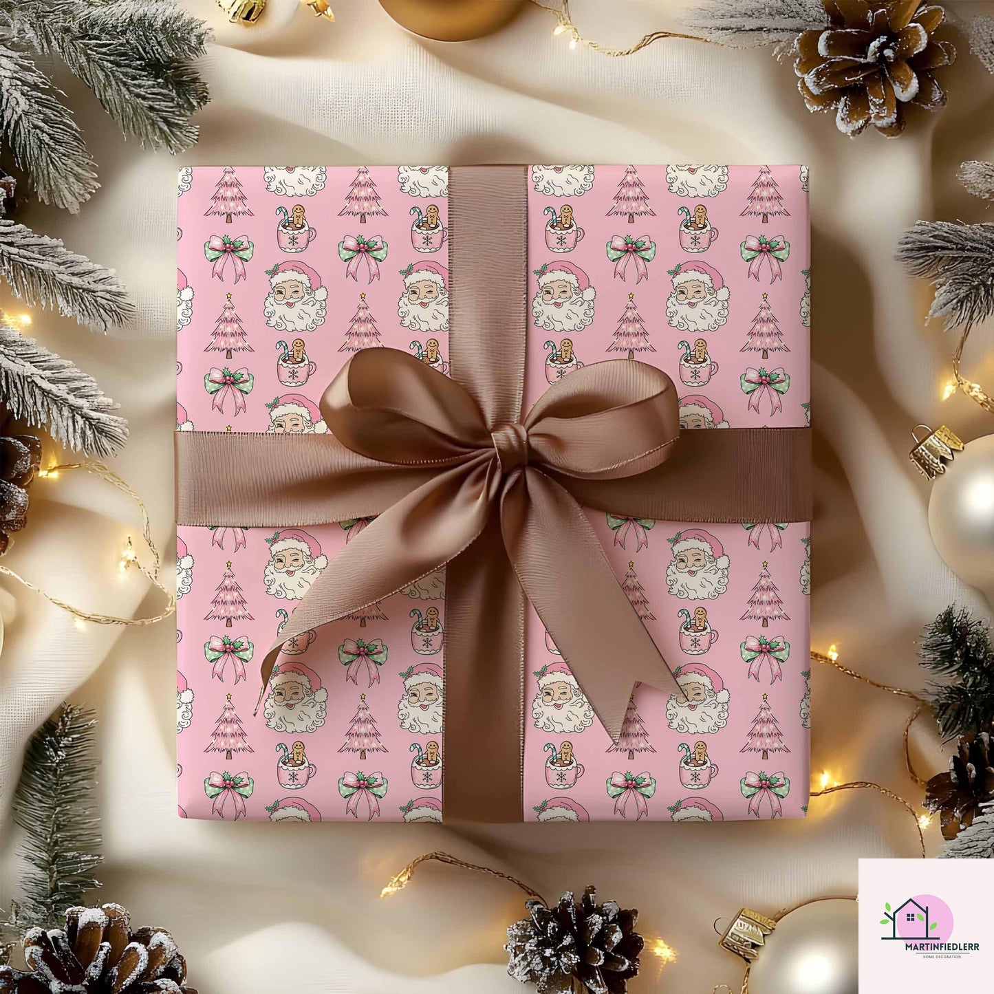 Pink Santa Christmas Wrapping Paper, Holiday Gift Wrap Sheets with Gingerbread Tree and Bow, Festive Xmas Packaging for Kids Birthday Party