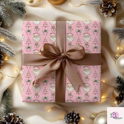 Pink Santa Christmas Wrapping Paper, Holiday Gift Wrap Sheets with Gingerbread Tree and Bow, Festive Xmas Packaging for Kids Birthday Party