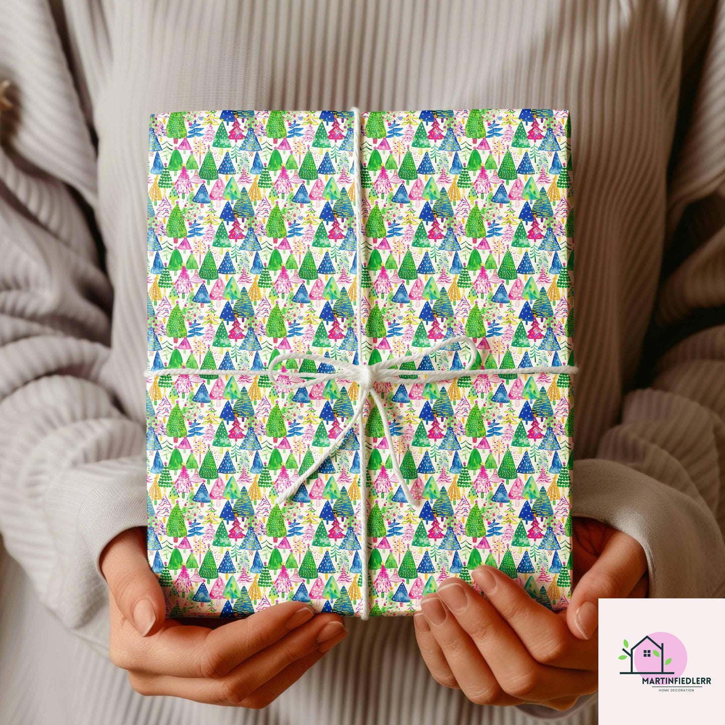 Colorful Christmas Tree Wrapping Paper, Bright Holiday Gift Wrap Sheets, Festive Xmas Tree Packaging, Multicolor Party Celebration Gift Wrap