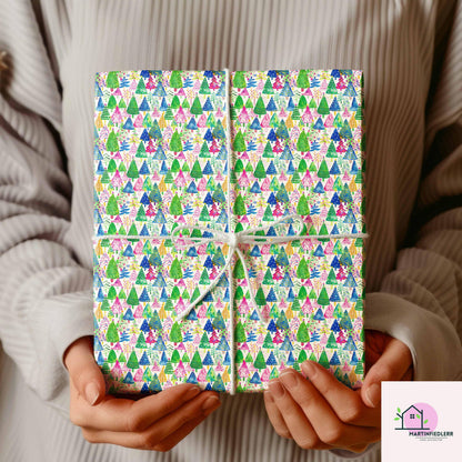 Colorful Christmas Tree Wrapping Paper, Bright Holiday Gift Wrap Sheets, Festive Xmas Tree Packaging, Multicolor Party Celebration Gift Wrap