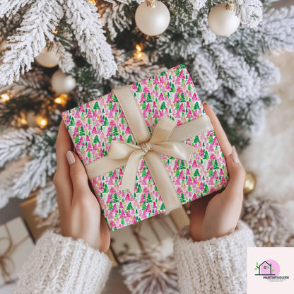 Pink Green Tree Christmas Wrapping Paper, Watercolor Holiday Gift Wrap Sheets, Festive Xmas Forest Packaging, Cute Winter Party Gift Wrap