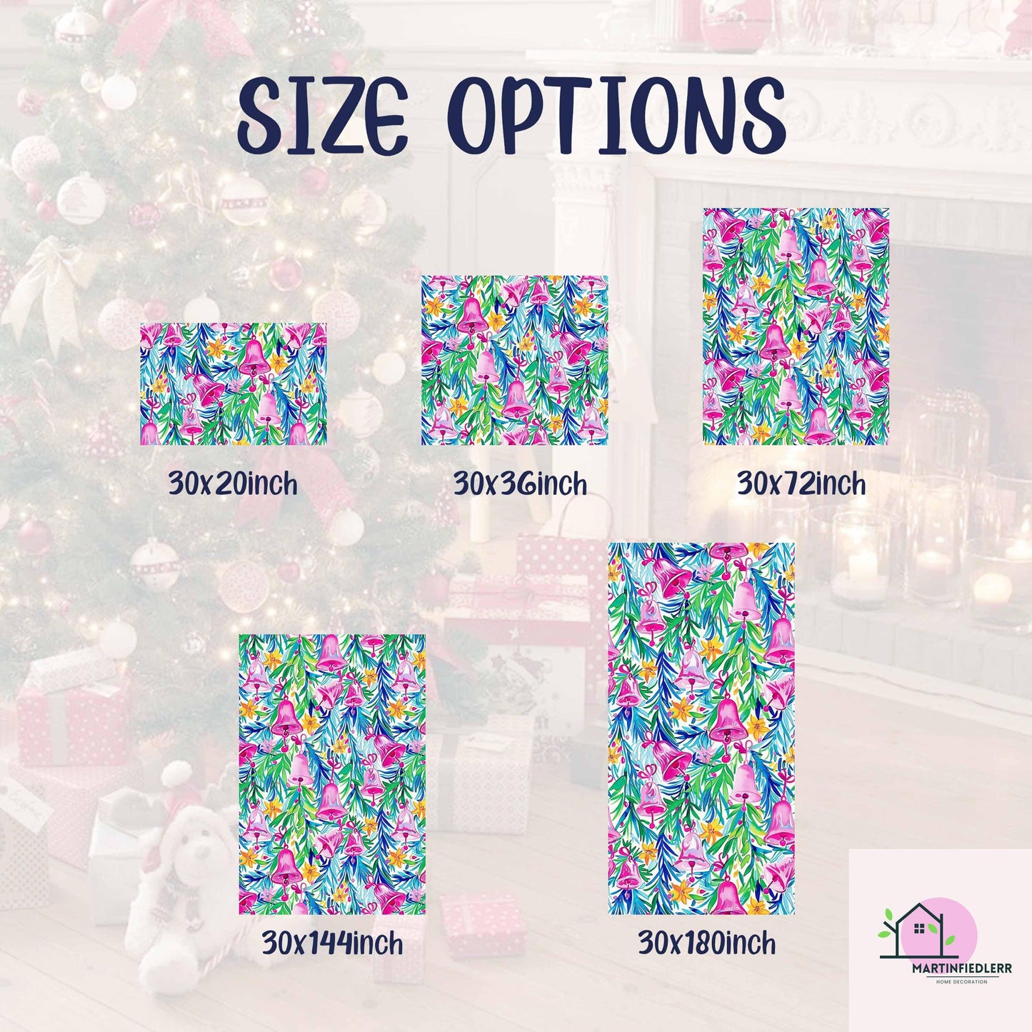 Pink Bell Christmas Wrapping Paper, Festive Holiday Gift Wrap Sheets with Green Leaves, Watercolor Xmas Bells Packaging, Winter Gift Wrap