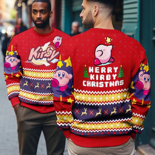 Merry Christmas Kirby Ugly Christmas Sweater, Kirby Ugly Sweater,Kirby Video Game,Christmas Party 2025,Gifts For Fan Pink Kirby Ugly Sweater