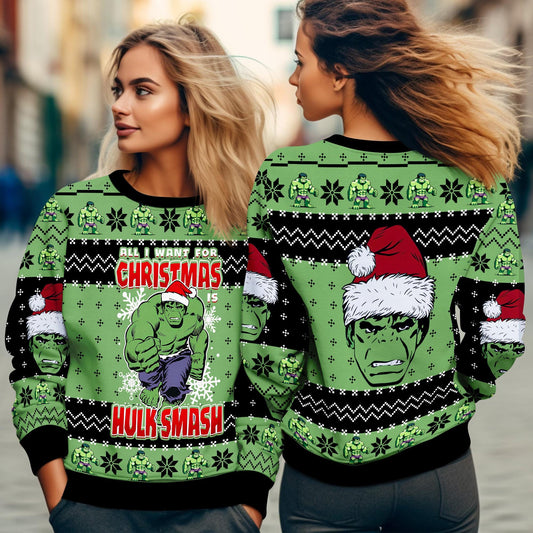 All I Want For Christmas Hulk Smash Ugly Sweater, The Incredible Hulk Ugly Christmas, Funny Superhero Xmas 2025, Santa Hat Hulk Christmas