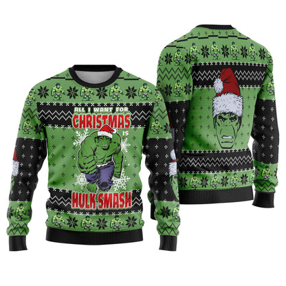 All I Want For Christmas Hulk Smash Ugly Sweater, The Incredible Hulk Ugly Christmas, Funny Superhero Xmas 2025, Santa Hat Hulk Christmas