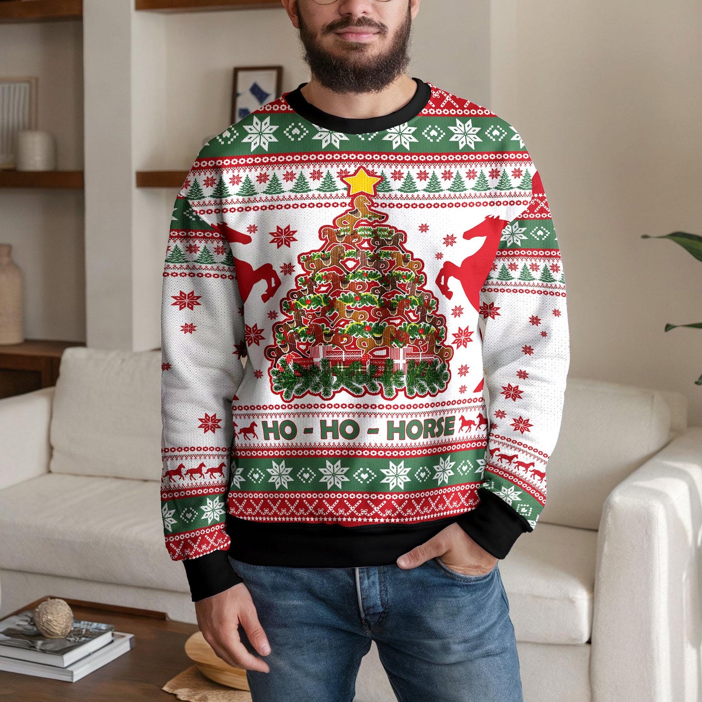 Funny Horse Christmas Tree Ugly Sweater, Funny Ho Ho Horse Holiday Sweatshirt, Equestrian Xmas Jumper Gift for Men Women Kids