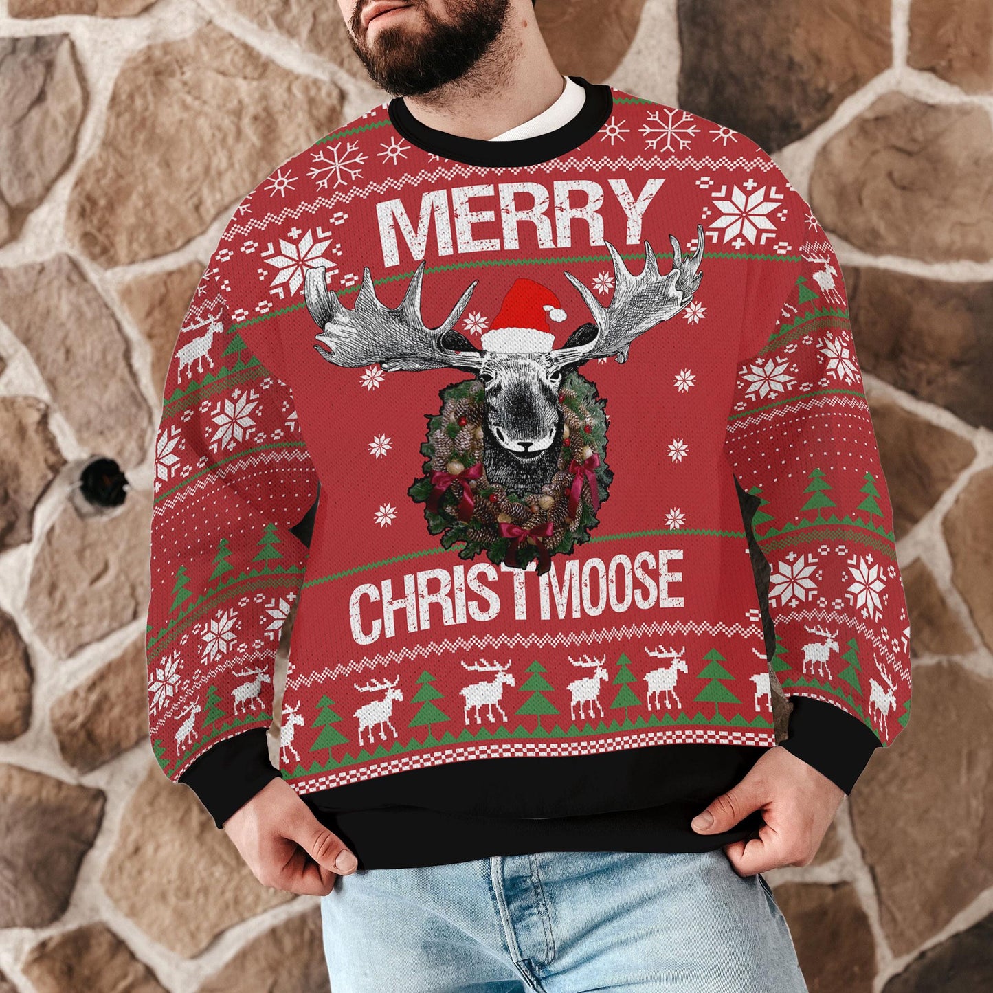 Merry Christmoose Ugly Christmas Sweater - Funny Moose Reindeer Head Holiday Jumper Gift for Men Women, Xmas Party Outfit Pullover