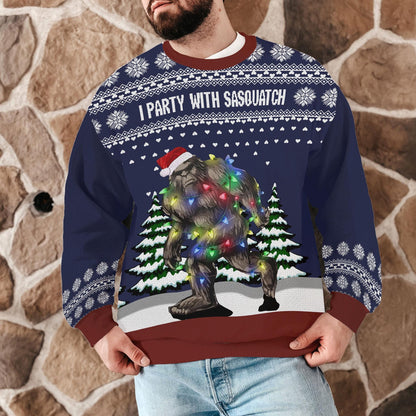 I Party With Sasquatch Ugly Christmas Sweater, Funny Bigfoot Xmas Sweatshirt for Men Women, Holiday Party Outfit Winter Gift Pullover