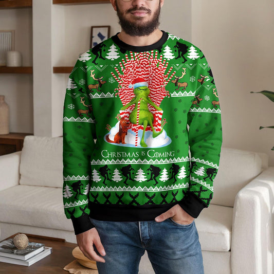 Funny Green Grinch Christmas Is Coming Sweater for Men Women, Holiday Grinch Style Ugly Christmas Sweater, Cozy Winter Party Pullover Gift