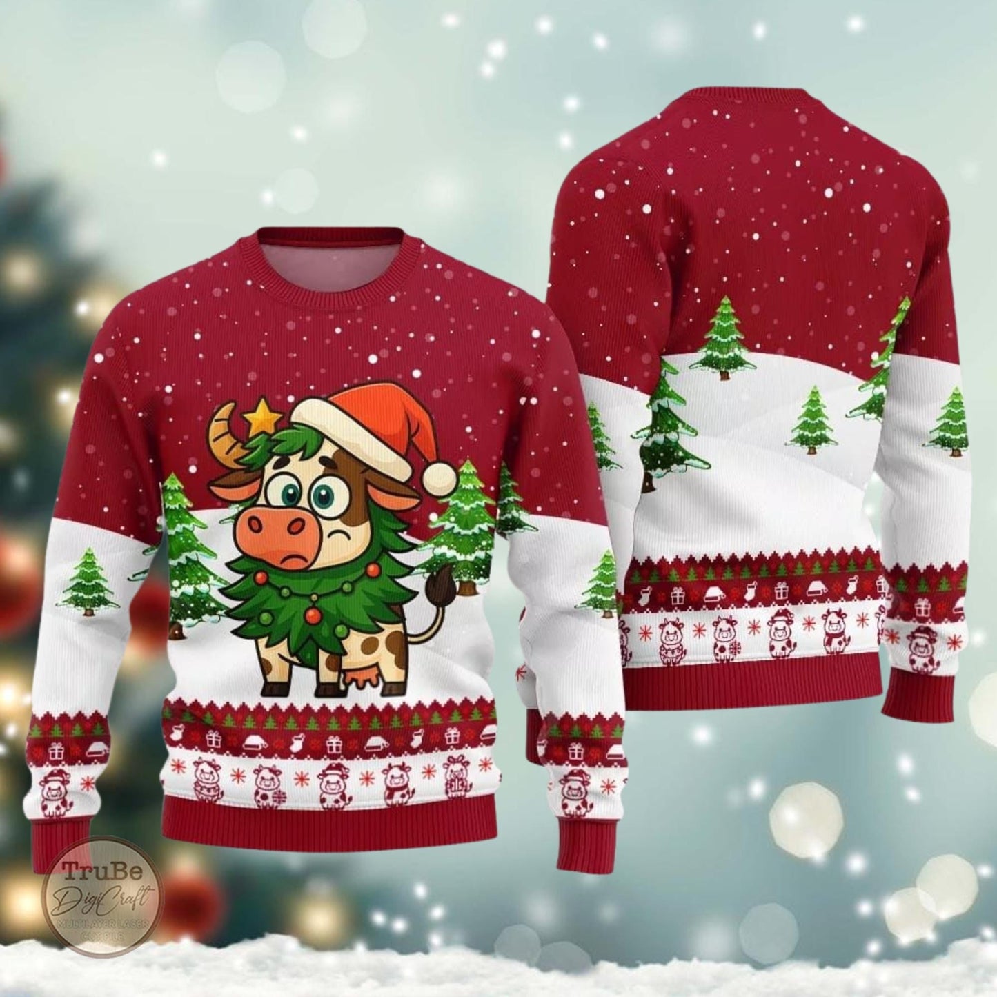 Adorable Santa Cow Ugly Sweater, Funny Cow Christmas Sweater, Cute Cow Sweater, Idea Christmas Gift for Men Women, Holiday Eve Sweater