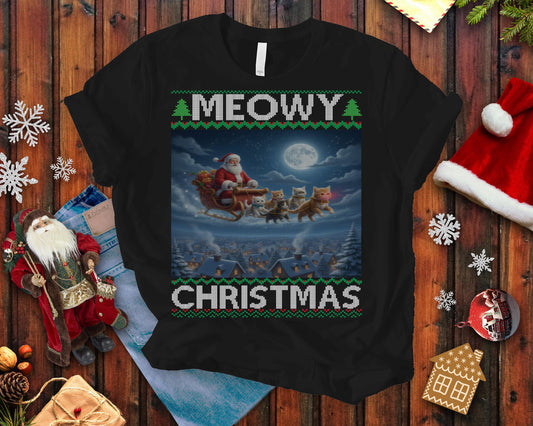 Cat Themed Ugly Christmas Style T-shirt 100% Cotton ; Kittens Flying Santa Sleigh