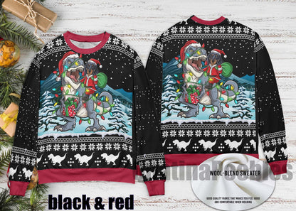 Dachshund Riding Dinasaur T-Rex Christmas Sweater, Dachshund  Ugly Christmas Sweater, Dinasaur T-Rex Ugly Sweater, Merry Xmas Ugly Sweater