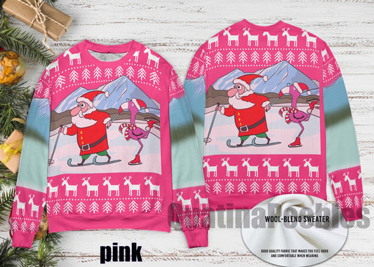 Funny Santa And Flamingo Skating Ugly Christmas Sweater For Couples, Santa And Flamingo Funny Sweater for Family, Christmas Ugly Sweater