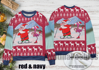 Funny Santa And Flamingo Skating Ugly Christmas Sweater For Couples, Santa And Flamingo Funny Sweater for Family, Christmas Ugly Sweater