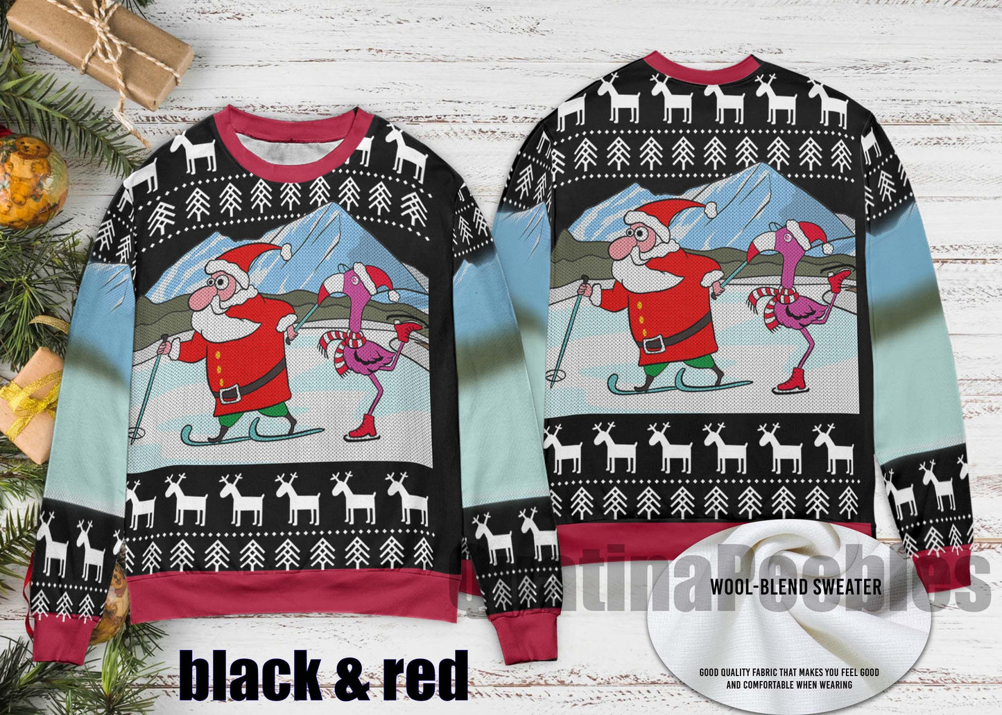 Funny Santa And Flamingo Skating Ugly Christmas Sweater For Couples, Santa And Flamingo Funny Sweater for Family, Christmas Ugly Sweater