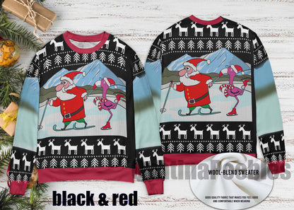 Funny Santa And Flamingo Skating Ugly Christmas Sweater For Couples, Santa And Flamingo Funny Sweater for Family, Christmas Ugly Sweater